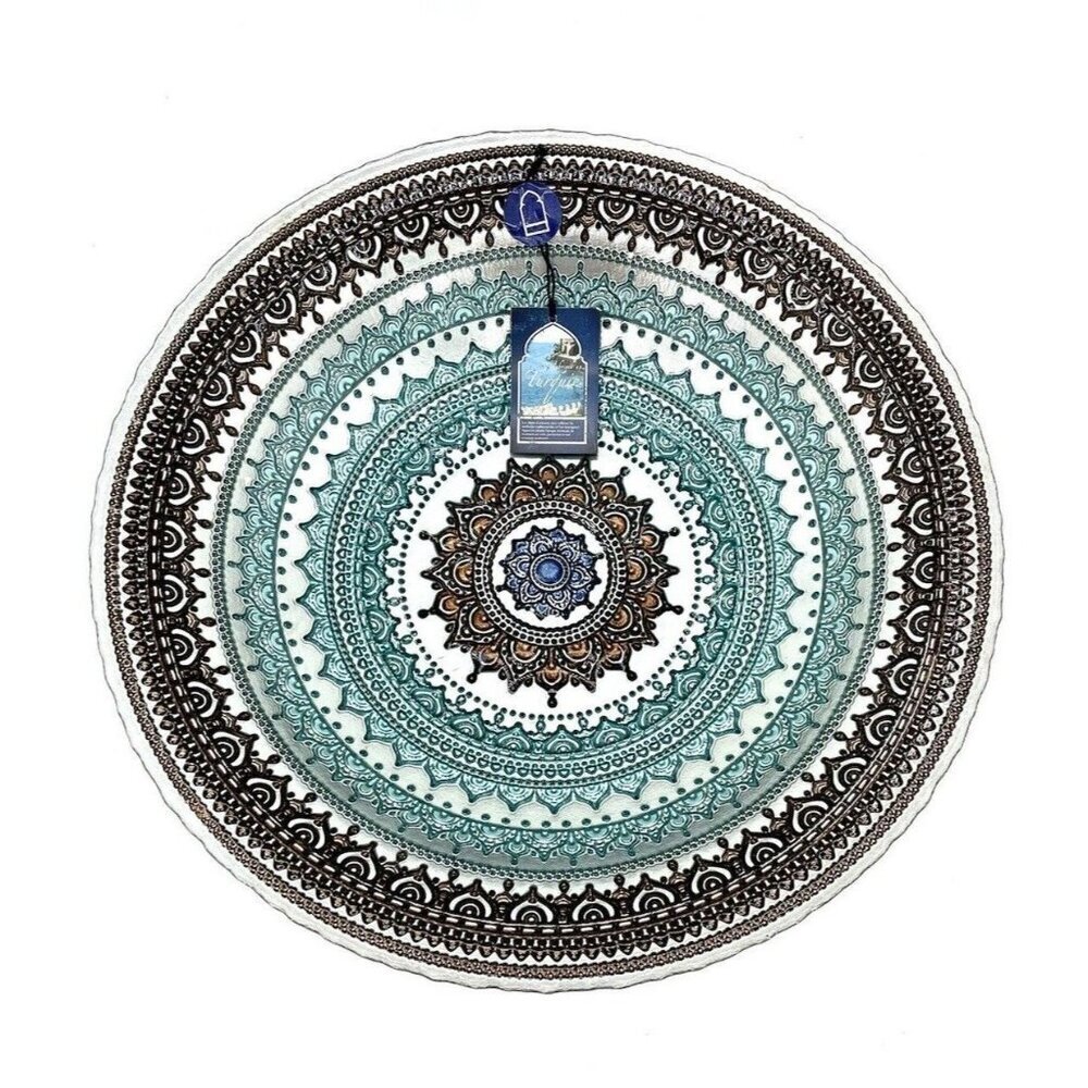Turkish Glass Glass Round Bowl Dinner Display Silver Blue Oriental Lace 16” W XL - Picture 2 of 10